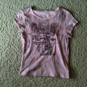 Vintage Y2K Pink Grungey T-Shirt with Bike Graphic and Rhinestone Embellishment